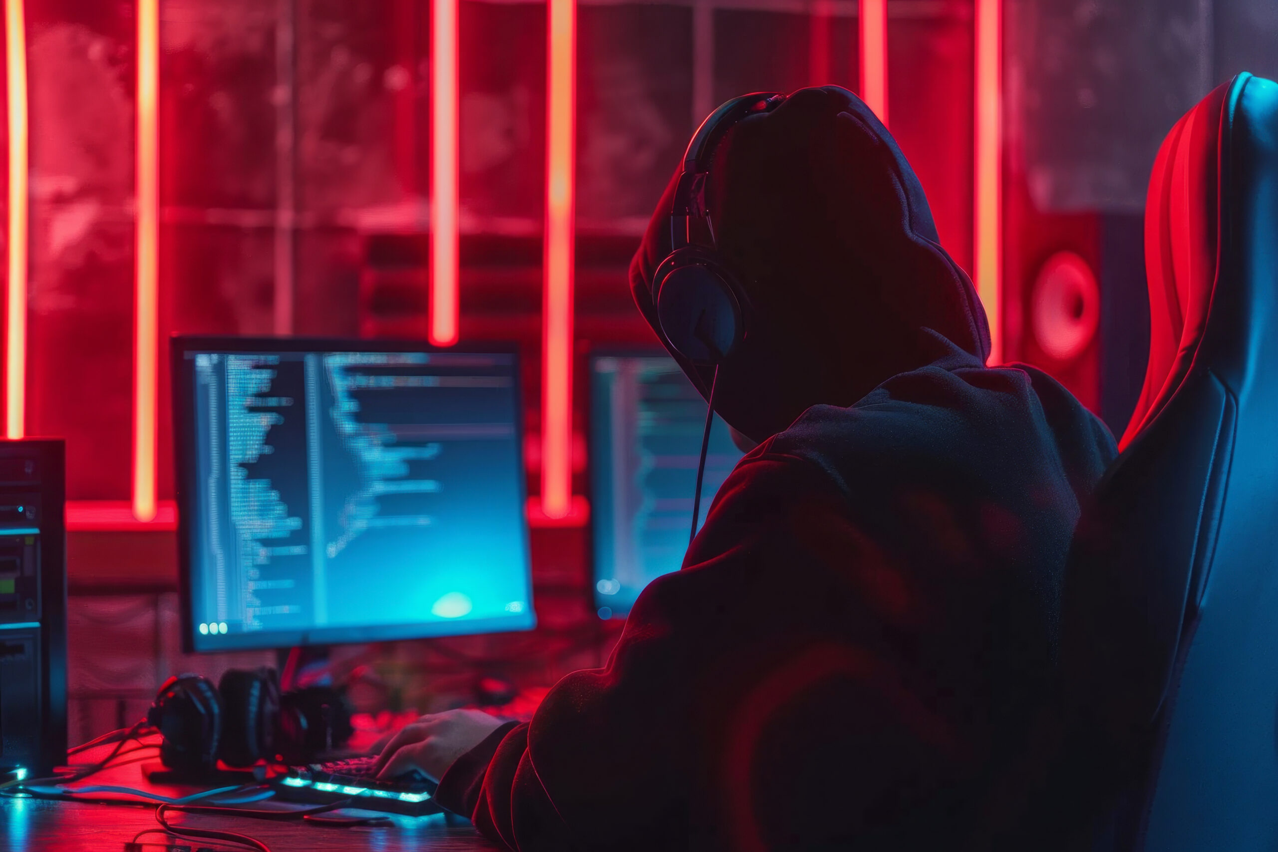 hacker in a dark room with red light